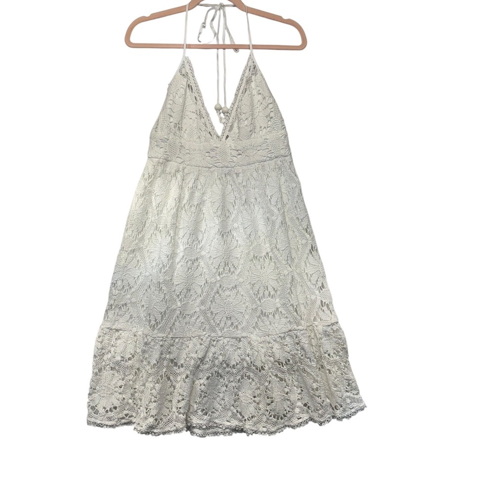 Milly of New York White Lace Halter Mini Dress Size 10 Boho Eyelet Tiered Ruffle